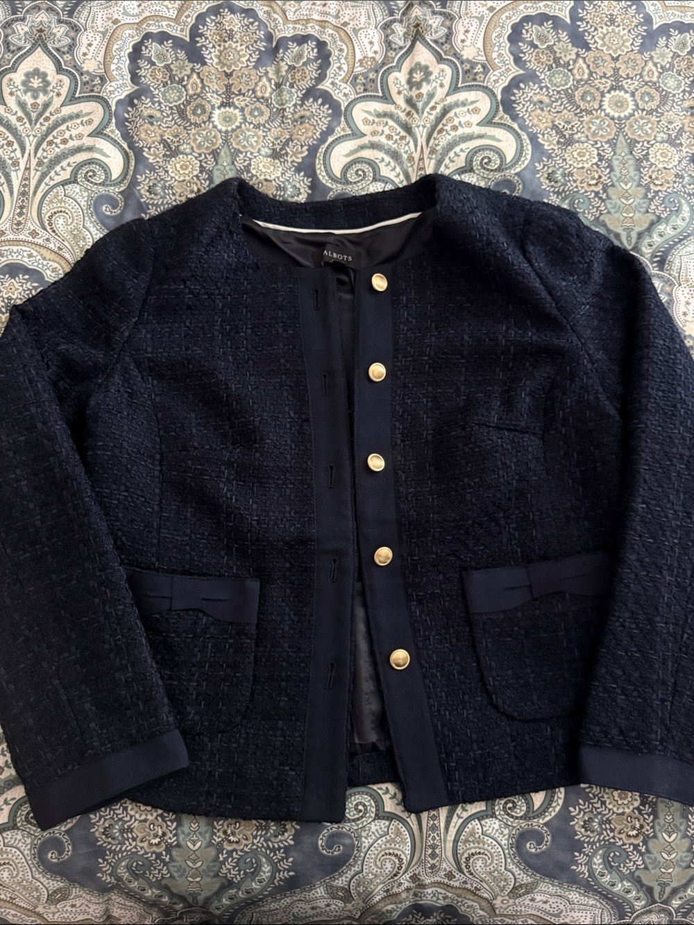 Talbots Navy Textured Knit Gold-Button Collarless Blazer